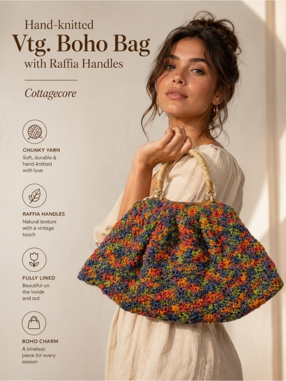 Hand-knitted Vtg.Boho Bag w/Raffia Handles Chunky Yarn Fully Lined Cottagecore